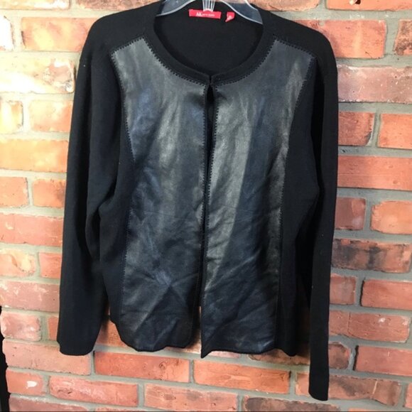 Anne Klein Vintage Y2K Wool Leather Cardigan Sweater Jacket Top Soft Black XL - Picture 2 of 16